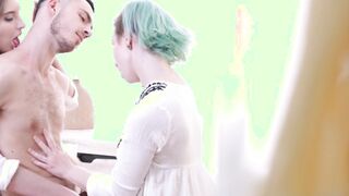 Young babes share cock after making out passionately