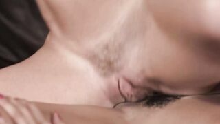 Blonde lesbian Serene licks black pussy