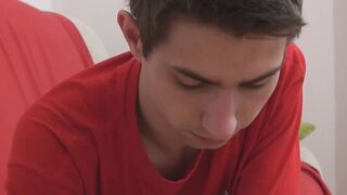 Young man jerking off big uncut cock and foreskin playing