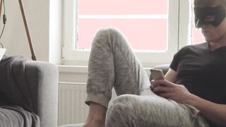 Hot blond ripped hunk loves tugging his dick on a couch