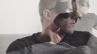 Hot blond ripped hunk loves tugging his dick on a couch