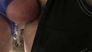 Ripped daddy pounding younger bottom by the poolside
