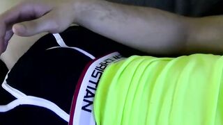 Young hunk Jimmy Roman rubbing big cock and cumshot