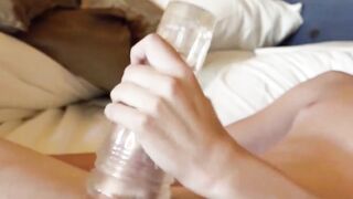 Ballsacking jock stroking his big cock with fleshlight alone