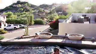 Blonde twink Tyler Thayer jerking his cock near the pool