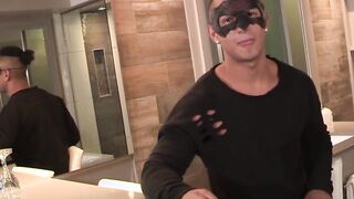 Muscular stud teases with his abs and tugs his big dick solo