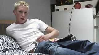 Horny blond twink jerking off and cumming hard