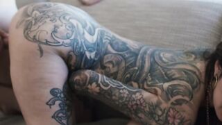 Tattooed MILF gets fucked by her TS stepdaughter