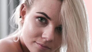 Sensual blonde teen slowly seducing with her shaved pussy