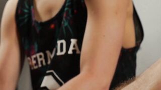 Cute blond twink rubs his beautiful feet and jerks off