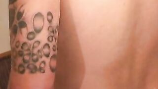 Inked amateur dude with big boner jerks off hard
