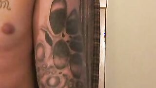 Inked amateur dude with big boner jerks off hard