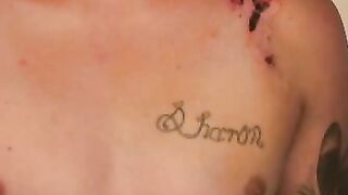 Inked amateur dude with big boner jerks off hard