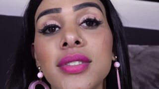 Beautiful dark haired tranny jerking off her thick cock solo