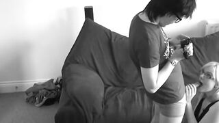 Nerdy English babe with short hair likes to suck it deep