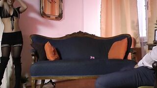 Young UK beauty in black stockings is penetrated by senior