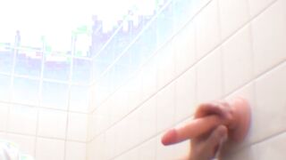 Amateur asian teen rides wall dildo in public bathroom