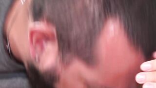 Bearded mature gay facialized after twink barebacked him