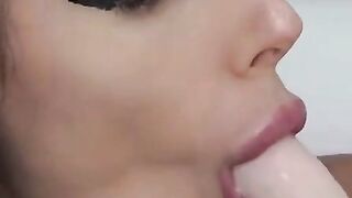 Naughty Babe sucks dildo and fucks her creamy pussy