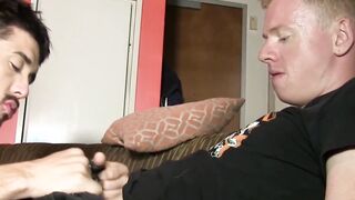 Amateur blond gay watches while his buddy sucks his cock