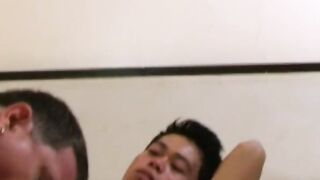 Asian twinkie cock licked and ass fucked wildly by daddy