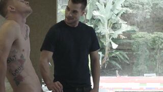 Bottom jock bends over and is barebacked by his stud lover
