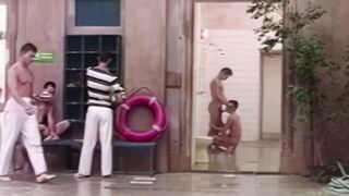 Andrej gulps down Michal's uncut cock in the middle of a public pool