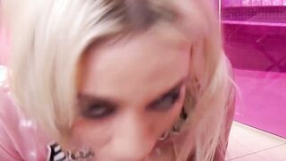 Naughty babe fingers her pussy and gives a sloppy blowjob