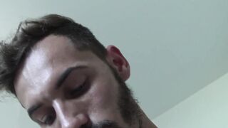 Bearded straight Latino rides cock and takes cum in mouth