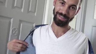 Bearded straight Latino rides cock and takes cum in mouth