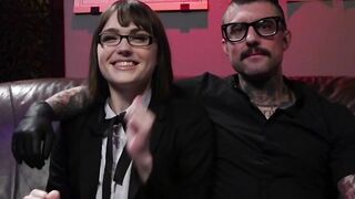 Shemale deep throats tattooed cock to her master