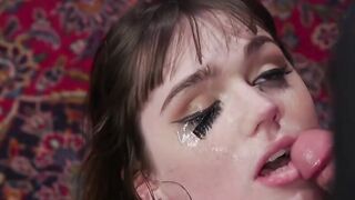 Shemale deep throats tattooed cock to her master