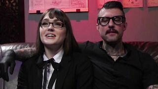 Shemale deep throats tattooed cock to her master