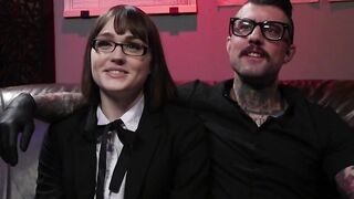 Shemale deep throats tattooed cock to her master