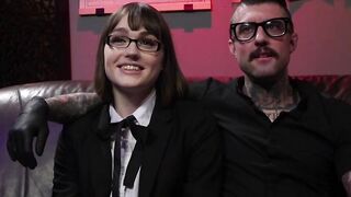 Shemale deep throats tattooed cock to her master