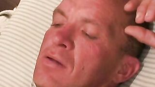 Mature dude with receding hair enjoys stroking his cock