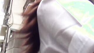 Shy Japanese schoolgirl pisses in her panties in public