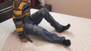 Naughty twink is testing bed in store by jerking off hard
