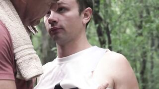 Twink gets his mouth filled with DILF stepdads hot cum