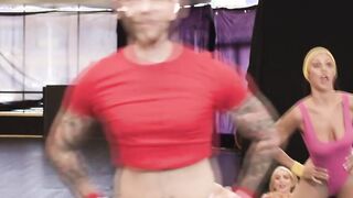 Busty TS fucks gym buddy and rides coachs cock