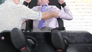 Feet fetish businessman takes a ride on my tickling machine