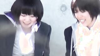 Naughty Japanese schoolgirls squirting piss in public