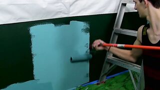 Colorful twink gets feet painted in blowjob induced cum
