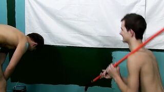 Colorful twink gets feet painted in blowjob induced cum