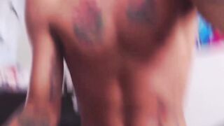 Tattooed twink Juan jerking his rock hard cock in horny solo