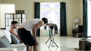 Skinny young man bends over for wild barebacking action