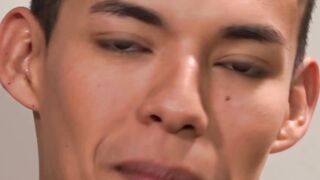 Latino twink Alan cum sprayed after riding raw daddy dick