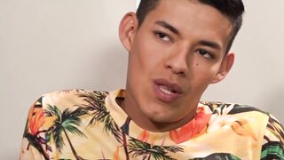 Latino twink Alan cum sprayed after riding raw daddy dick