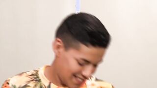 Latino twink Alan cum sprayed after riding raw daddy dick
