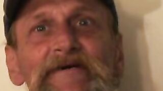 Bearded mature homo jerks off his big dick and comes hard
